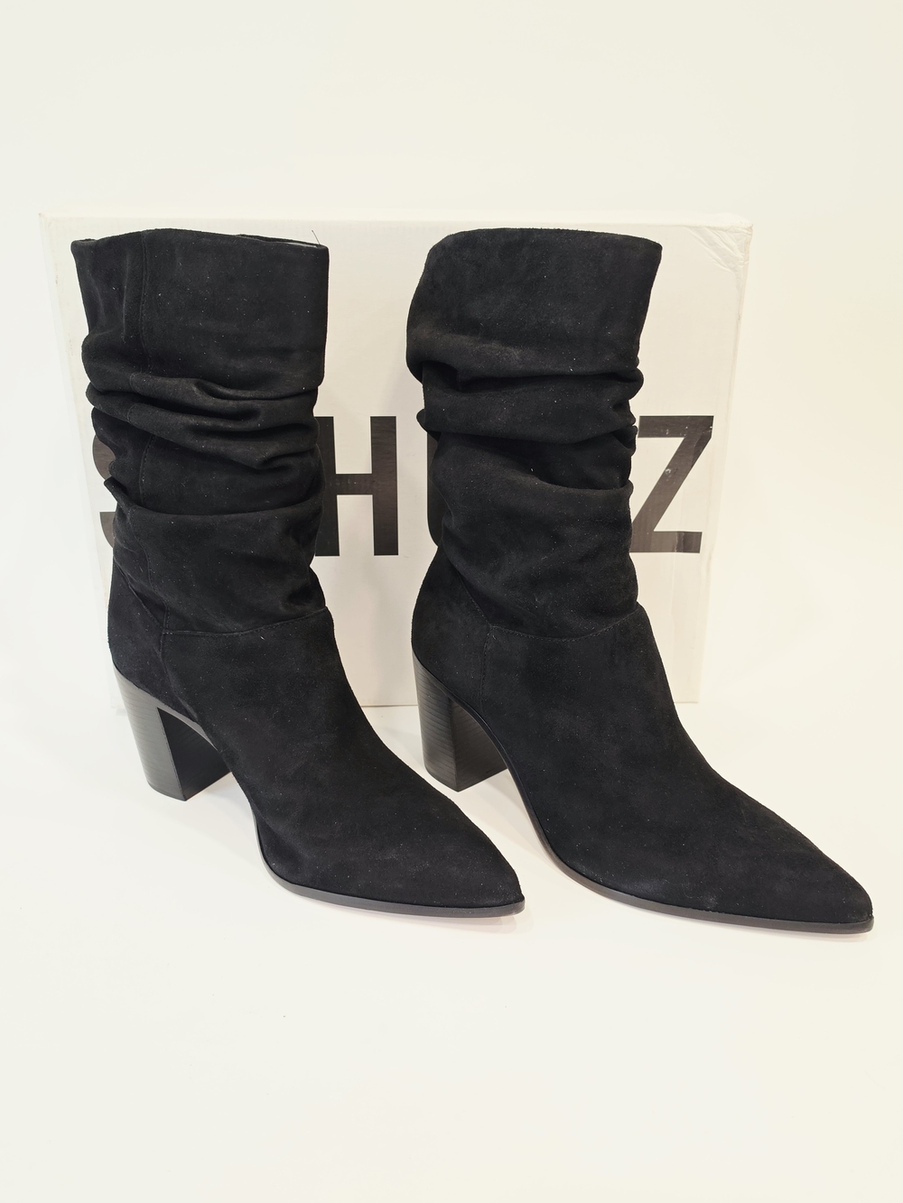 Schutz Ashlee Block Black Slouch Suade Pointed-Toe Block Heel Boots US Size 11